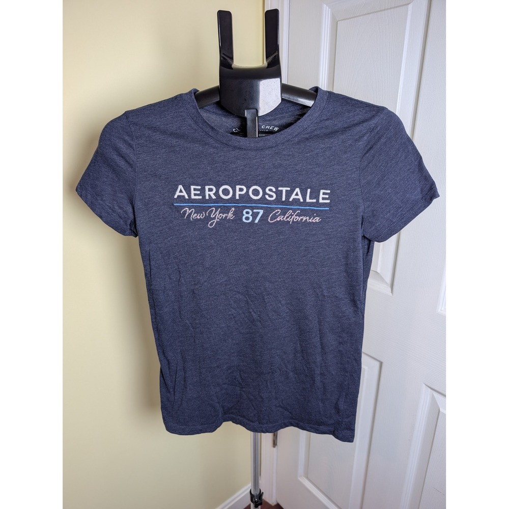 Aéropostale Large Blue Embroidered Spellout T-Shirt Y2K Aesthetic Basic NY 87 CA